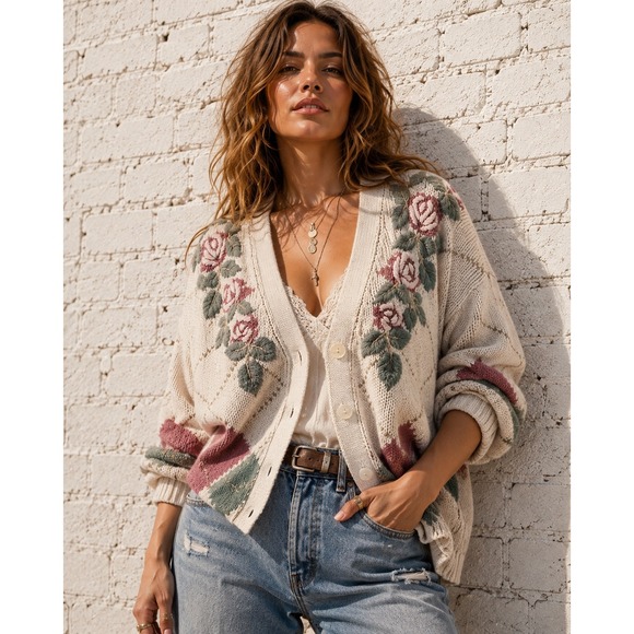 Venezia Sweaters - Vintage Venezia Cream Ramie Cotton Embroidered Floral Argyle Cardigan 18/20